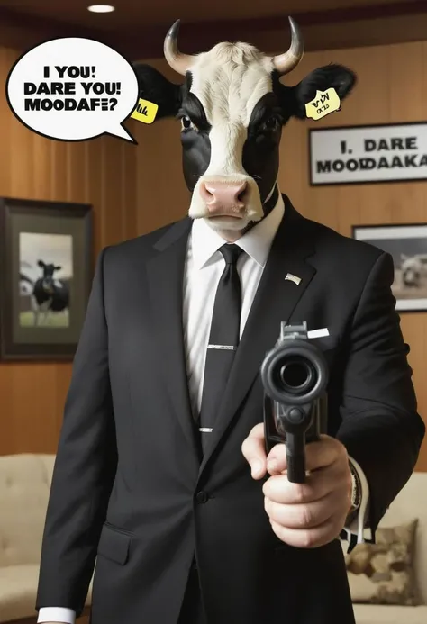 cinematic, ultra sharp, photograph of a cow in a black suit with black tie pointing a gun at you, gunatyou, cow face, with text bubble that says "I dare you MOOdafaka"