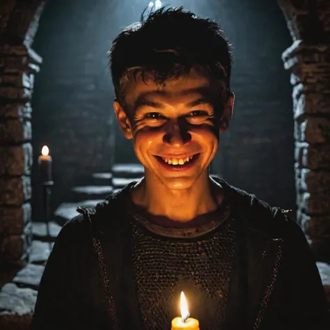 (masterpiece, top quality, best quality, beautiful, and aesthetic:1.2) portrait shot, me3n, male, 1boy, evil grin, stone dungeon room, horror, candle light, <lora:me3n-000010:.9>