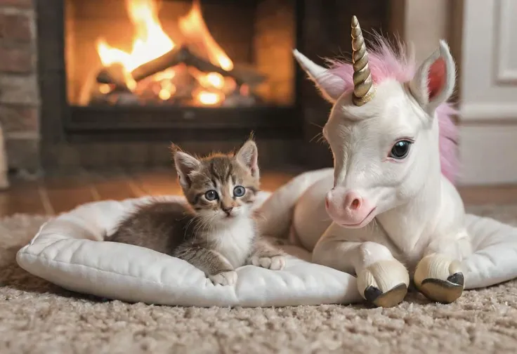 award winning real life photograph of a kitten and a baby unicorn in a soft warm pet bed by the fireplace, hoofed unicorn feet, real unicorn, ultra sharp, ultra realistic, hyperrealistic, 8k, low angle, shallow depth of field, subject focus