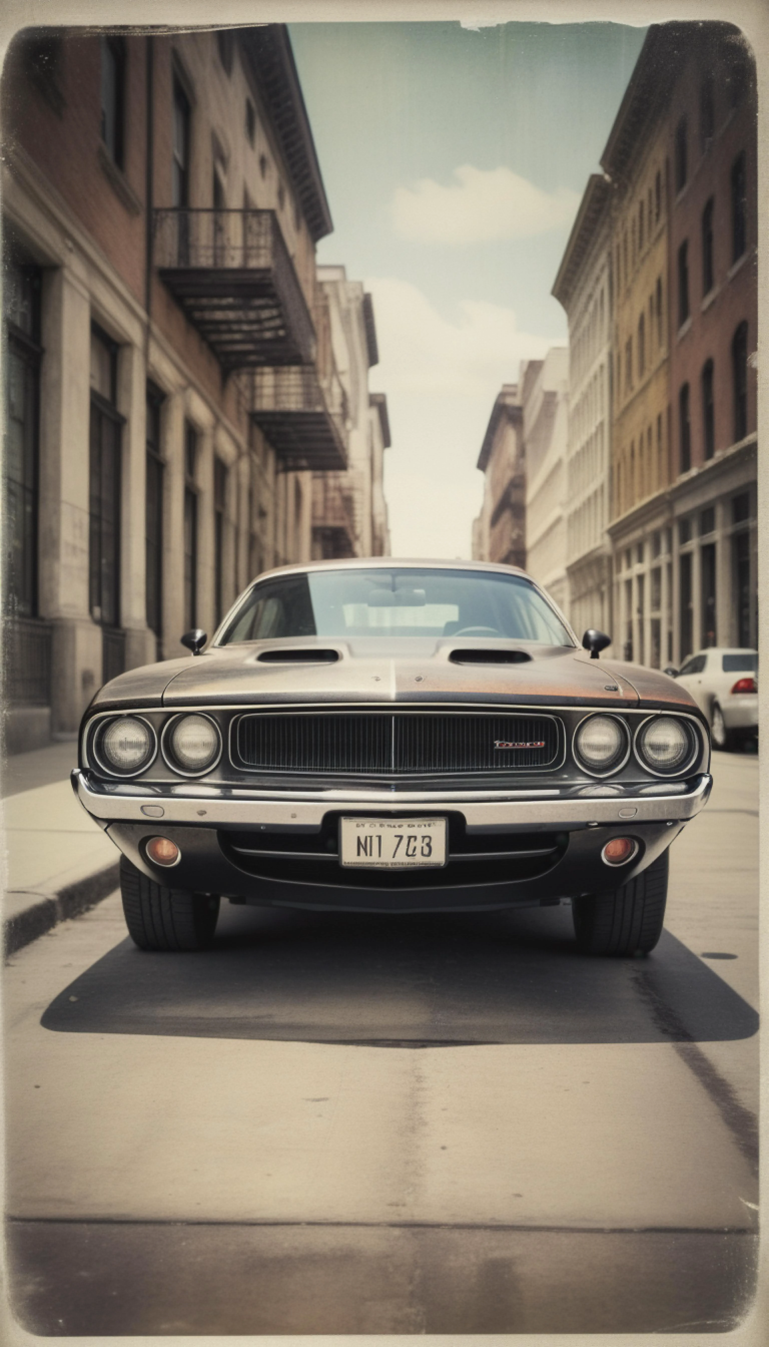 Old-style Polaroid photo showcasing the intricate details of a Dodge Challenger, vintage filter overlay, meticulously aged model, weathered urban scene, textured ambiance