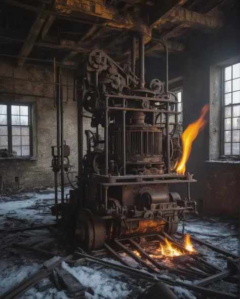 A forsaken industrial complex, its machinery frozen in time amidst the ruins, eerie shadows cast by flickering flames, a surreal juxtaposition of human invention and decay. (((forsaken industrial complex))) (((frozen machinery))) (((flickering flames))) (((surreal decay))).