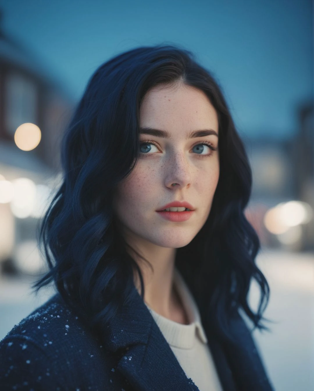 cinematic photo (art by Mathias Goeritz:0.9) , photograph, Lush Girlfriend, Tax collector, Rich dark blue hair, Winter, tilt shift, Horror, specular lighting, film grain, Samsung Galaxy, F/5, (cinematic still:1.2), freckles . 35mm photograph, film, bokeh, professional, 4k, highly detailed