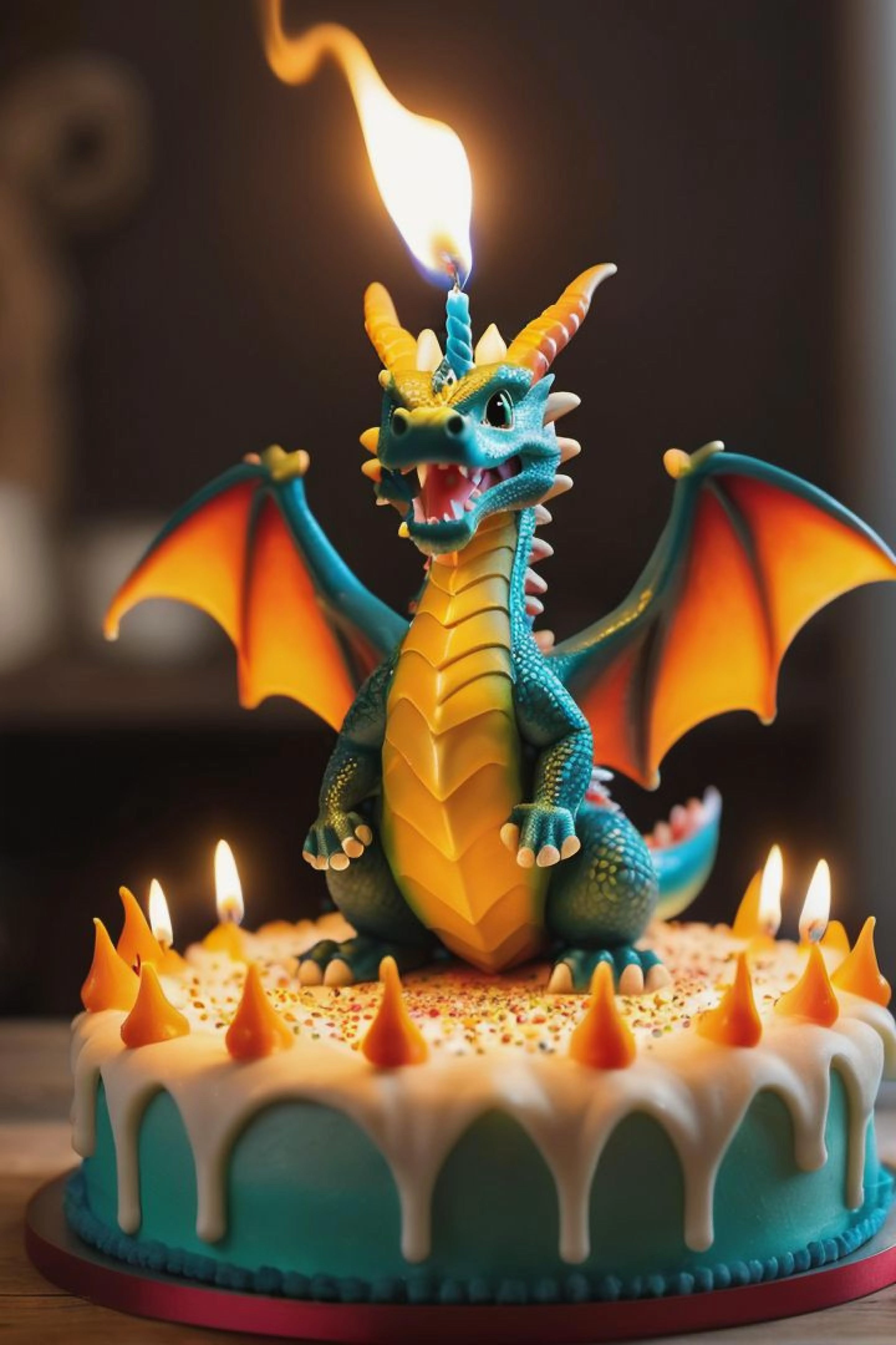 A whimsically staged scene of a fire-breathing, yet utterly adorable, miniature dragon lighting birthday candles on a cake with its playful bursts of flame (adorable fire-breathing dragon:0.9, birthday candle magic:0.8, playful flame bursts:0.7). Ultra realistic, (candid photo), natural lighting, 8k, hd