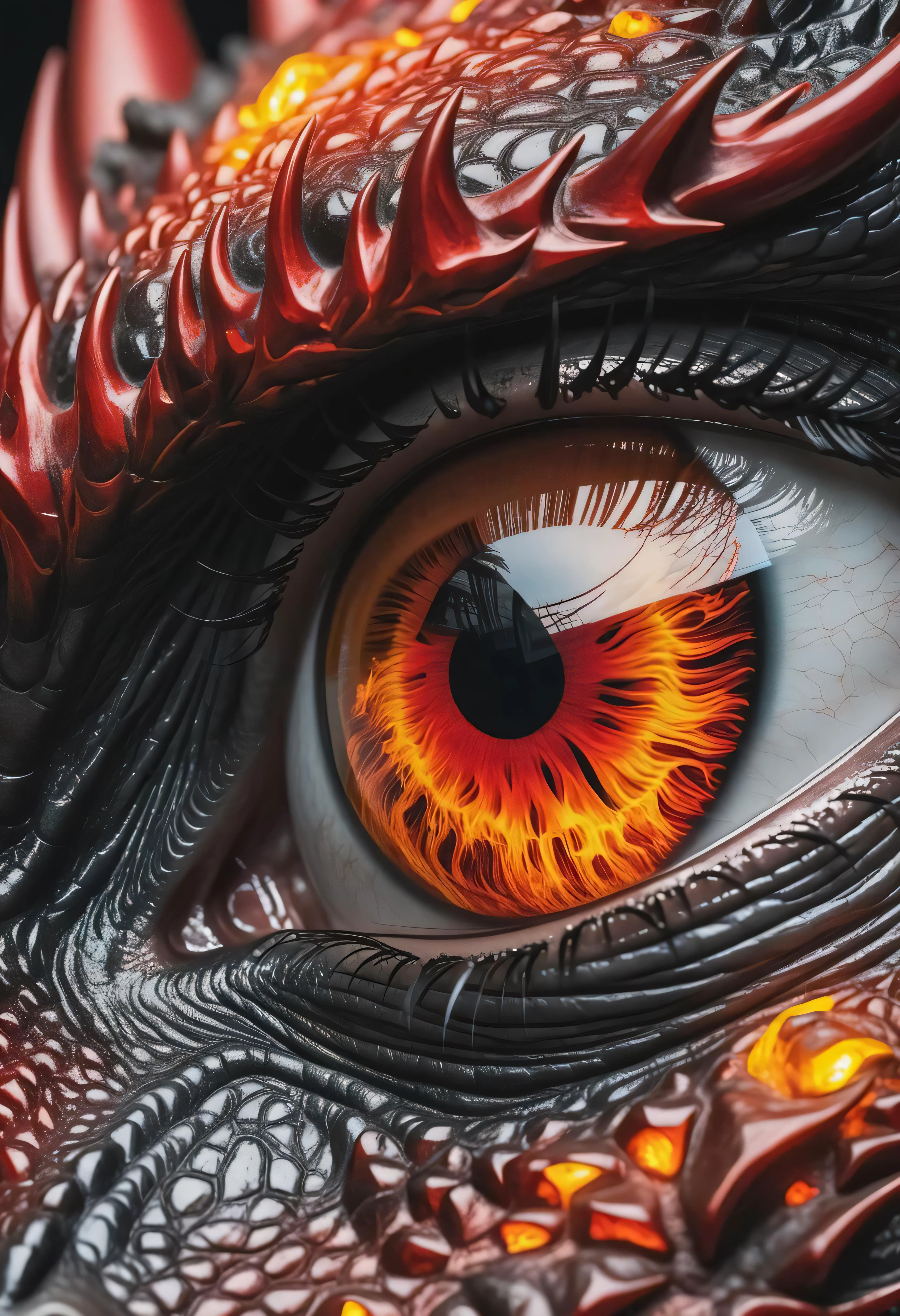 dynamic shot of a beautiful red charcoal and (amber:1.2), scaledX3  eye of a dragon|fire hybrid, (beautiful eyes, up close:1.3), macro, mythological creature, dream world, festive Christmas,