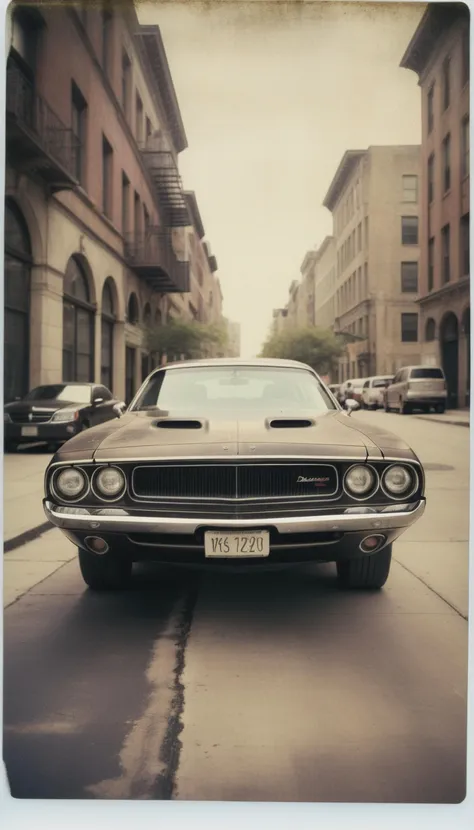 Old-style Polaroid photo showcasing the intricate details of a Dodge Challenger, vintage filter overlay, meticulously aged model, weathered urban scene, textured ambiance