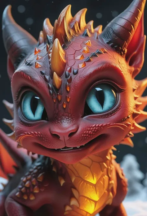 dynamic shot of a beautiful red charcoal and (amber:1.2) baby-dragon|cat|icebreathing hybrid, (beautiful eyes, up close:1.3), macro, mythological creature, dream world, festive Christmas,