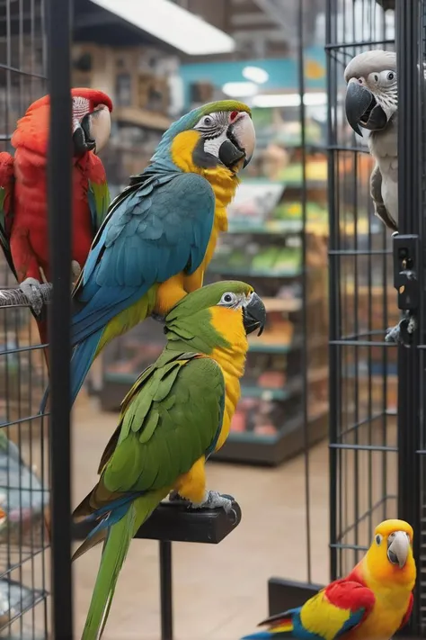 An amusing moment captured in a bustling pet store, where a pair of parrots engages in a conversation with a bemused-looking cat, each trying to out-chirp the other (pet store Ultra realistic, (candid photo), natural lighting, 8k, hd