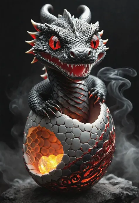 gleaming charcoal smiling baby snake dragon with blood accents, coming out of an egg, (cute), radiating light, amidst brilliance, symetrical hyperdetailed texture, (fire coming out from nose), smoke, pearl filigree, concept art, artstation,  perfect composition, masterpiece, glittering professional photography, macro, natural lighting, canon lens, shot on dslr 64 megapixels sharp focus ethereal