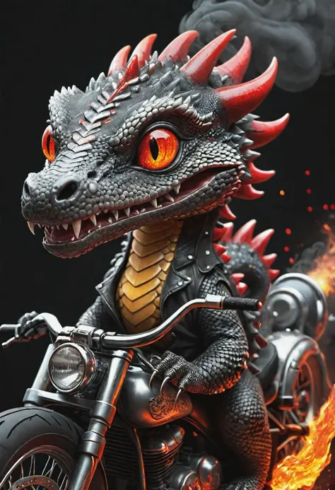 gleaming charcoal smiling baby snake dragon with blood accents, riding a motorbike, (cute), radiating light, amidst brilliance, symetrical hyperdetailed texture, (fire coming out from nose), smoke, pearl filigree, concept art, artstation, perfect composition, masterpiece, glittering professional photography, macro, natural lighting, canon lens, shot on dslr 64 megapixels sharp focus ethereal