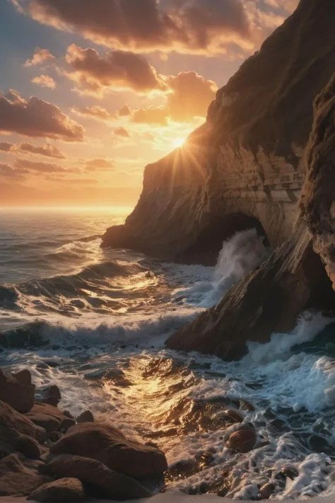 agged cliffs, crashing waves, the person silhouetted against the sunset, detailed seashells, realistic cliff textures, high-quality dynamic lighting. (NSFW)