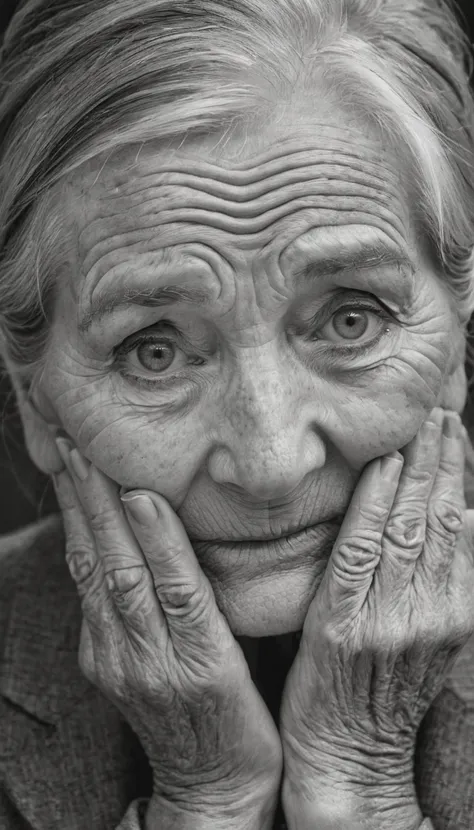 (portrait:1.3), raw emotion, close-up beauty, character study, wrinkles of wisdom, natural aging, dignified portrait, grayscale, storytelling eyes, weathered hands, expressive face, natural light