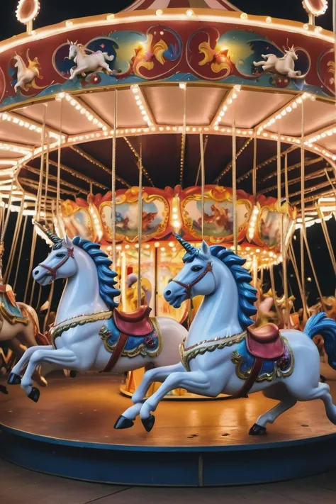 A lighthearted image of a merry-go-round populated with whimsical creaturesâunicorns, dragons, and gnomesâspinning joyfully under the shimmering lights of a carnival (whimsical merry-go-round:0.9, fantastical creatures:0.8, shimmering carnival lights:0.7). Ultra realistic, (candid photo), natural lighting, 8k, hd