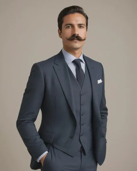 Photo of a man, (full body shot), (dry skin), (whole body:1), (distance shot:1), (candid shot) with a mustache and a suit, plain background, portrait style