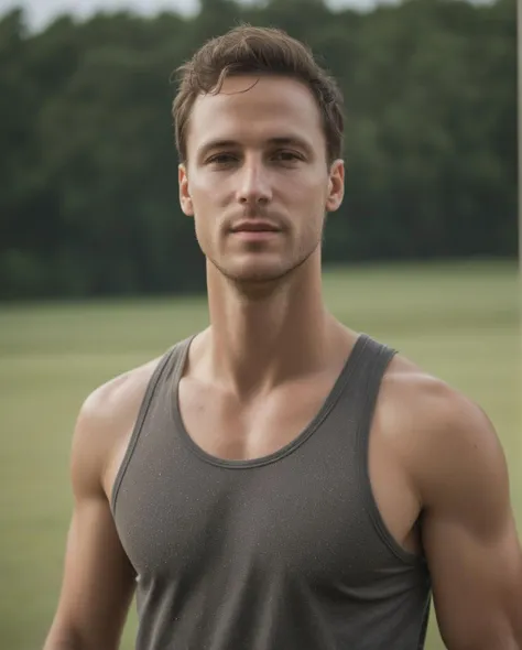 A man, (full body shot), (dry skin), (whole body:1), (distance shot:1), (candid shot) wearing a tank top, portrait shot, dewy skin