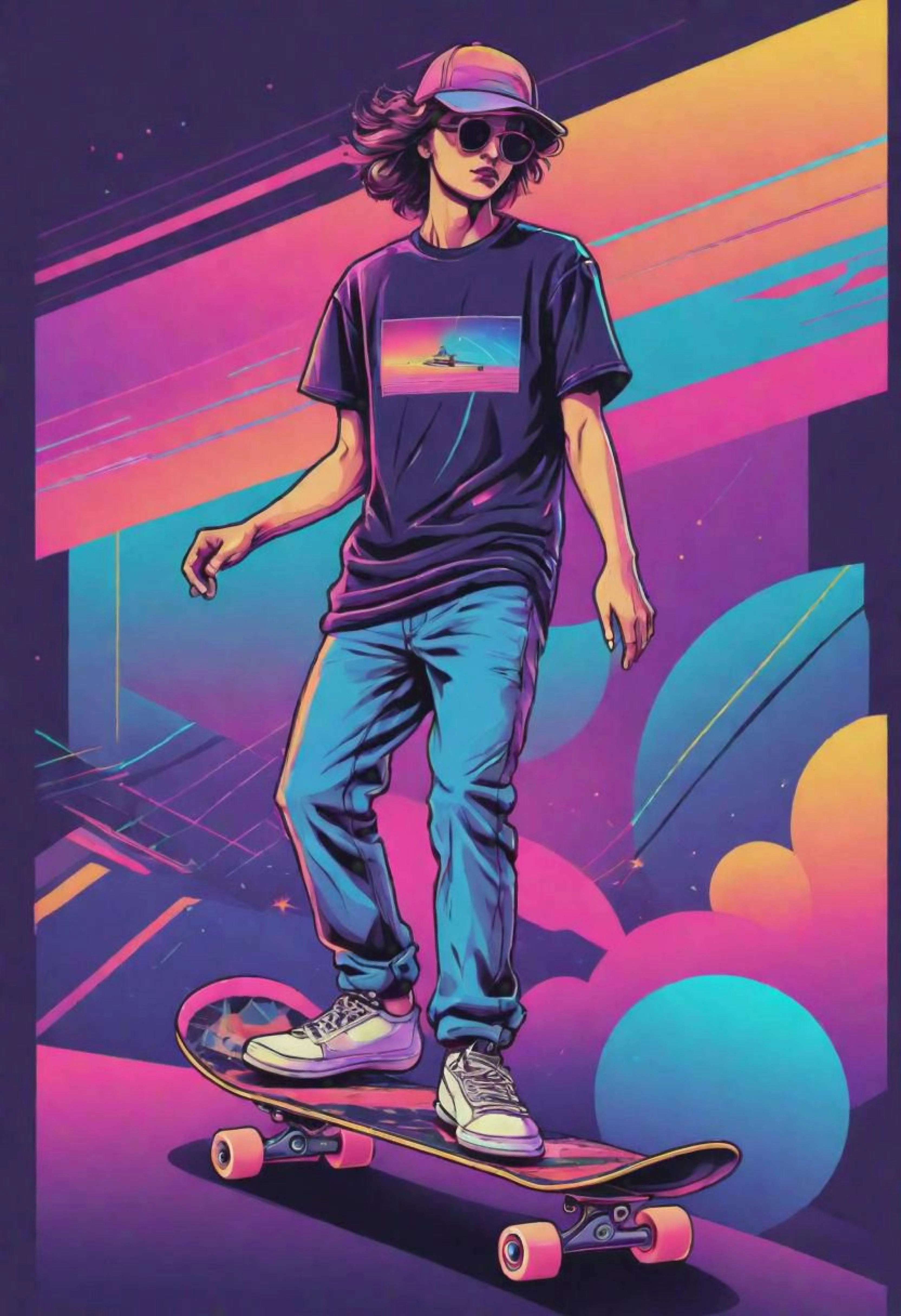 Retro Skateboard, futurism, line art, complementary colors, dreamlike, synthwave t-shirt vector, center composition graphic design, plain background2 mockup-2 --upbeta --ar 11
