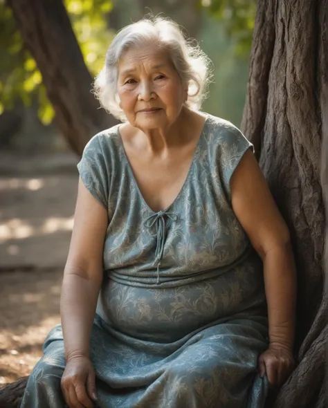 Photo of a serene, elderly aged woman, (full body shot), (dry skin), (whole body:1), (distance shot:1), (candid shot), chubby,, her skin etched with the wisdom of years and tales untold. Her hair, a cascade of silver waves, frames a face that radiates enlightenment. Her eyes, deep pools of kindness and love, sparkle with an inner light. They?ve seen countless sunrises and sunsets, yet they still beam with wonder and compassion. She sits against a backdrop of gentle, dappled sunlight filtering through ancient trees. The aura around her is palpable; it speaks of profound understanding and a deep connection to the universe. award-winning, professional, highly detailed, soft, pastel colors