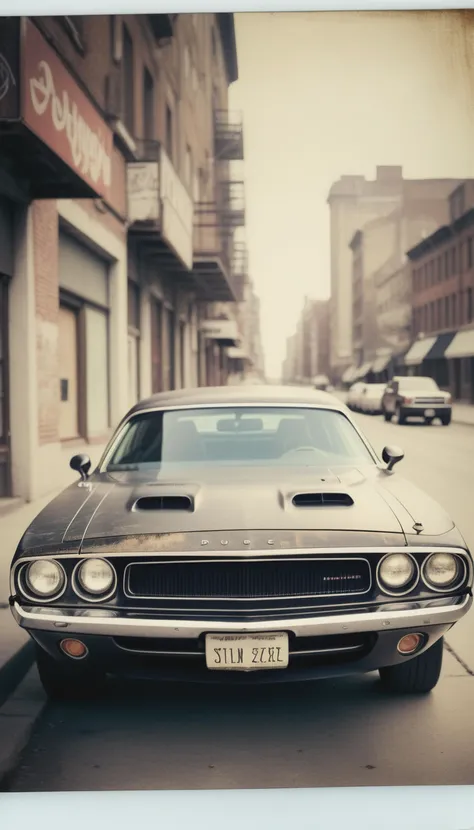 Vintage Polaroid shot highlighting the ultra-detailed features of a Dodge Challenger, vintage filter overlay, meticulously aged model, worn-out urban setting, textured elements