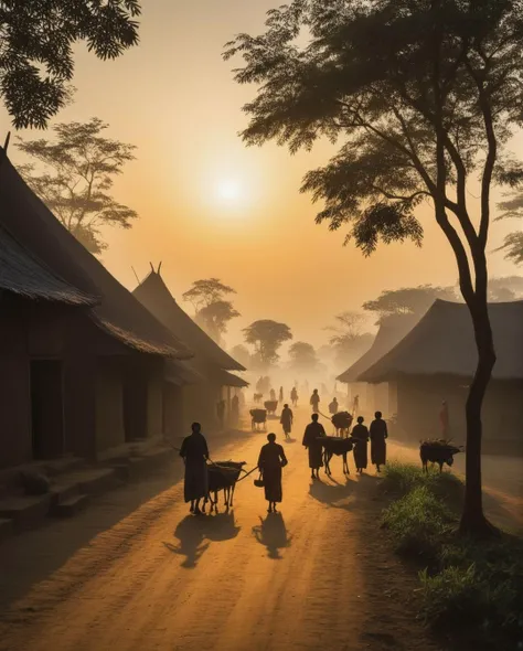 A village at dawn, the intricate play of light and shadow casting detailed silhouettes of villagers going about their early morning tasks, evoking the calmness of the waking village (dawn tranquility:0.9, morning silhouettes:0.8, detailed lighting:0.7).