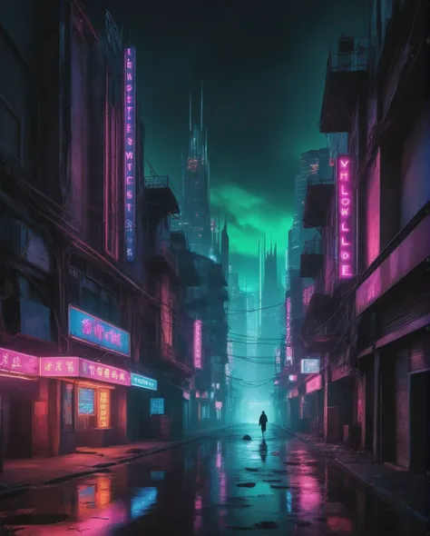 A dystopian cityscape, bathed in the eerie glow of neon lights, its towering structures standing as hollow remnants of a bygone era, while a lone figure navigates through the haunting streets. (((dystopian cityscape))) (((eerie neon glow))) (((hollow structures))) (((haunting streets))).