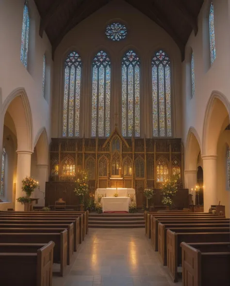 A village church with detailed stained-glass windows, intricate architectural features illuminated by the soft light of dawn, creating a serene and picturesque scene (stained-glass details:0.9, architectural beauty:0.8, dawn lighting:0.7).