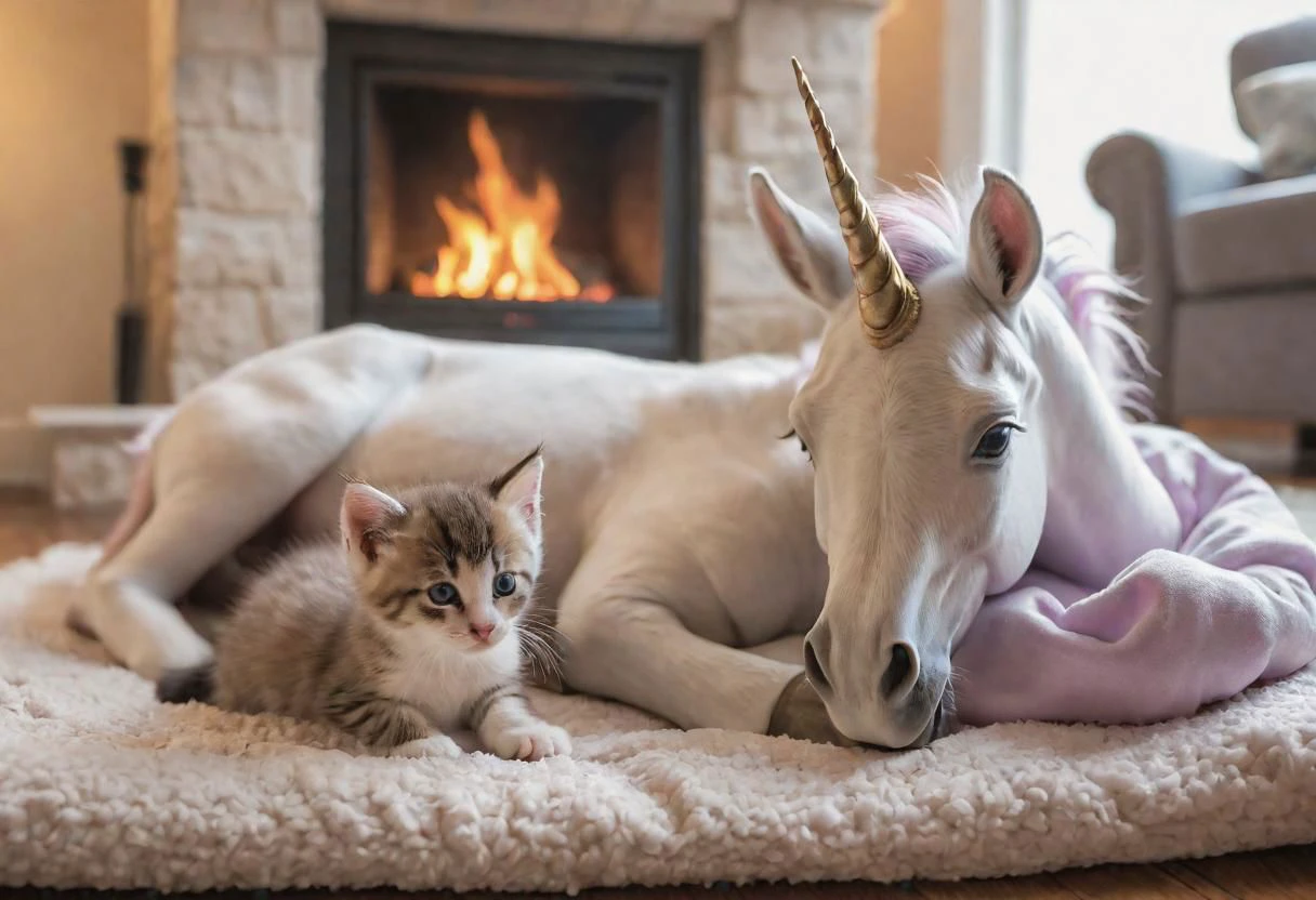 award winning real life photograph of a kitten and a unicorn in a soft warm pet bed by the fireplace, hoofed unicorn feet, real unicorn, ultra sharp, ultra realistic, hyperrealistic, 8k, low angle, shallow depth of field, subject focus