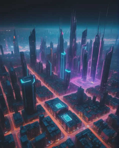 Futuristic cityscape with holographic projections, (cyberpunk atmosphere), (futuristic city life:0.7), neon lights, reflections, aerial drone view