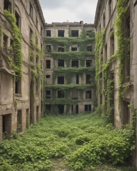 A forsaken urban sprawl, consumed by nature's reclamation, where vines snake through broken buildings, contrasting with the remnants of human civilization, now reclaimed by the earth. (((forsaken urban sprawl))) (((nature's reclamation))) (((snaking vines))) (((remnants of civilization))).