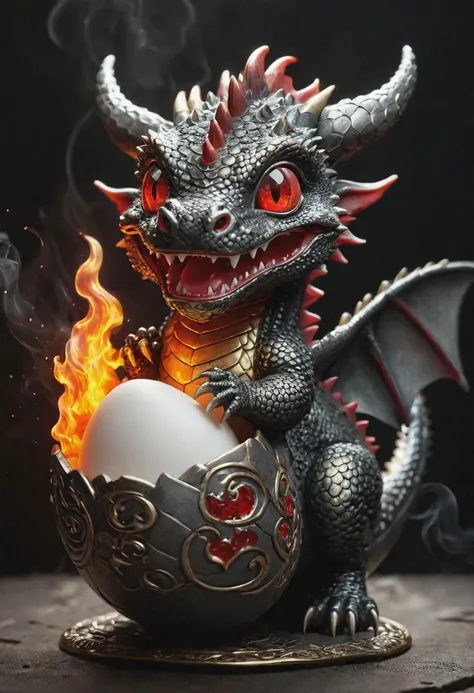 gleaming charcoal smiling baby dragon with blood accents, coming out of an egg, (cute), radiating light, amidst brilliance, symetrical hyperdetailed texture, (fire coming out from nose), smoke, pearl filigree, concept art, artstation, perfect composition, masterpiece, glittering professional photography, macro, natural lighting, canon lens, shot on dslr 64 megapixels sharp focus ethereal