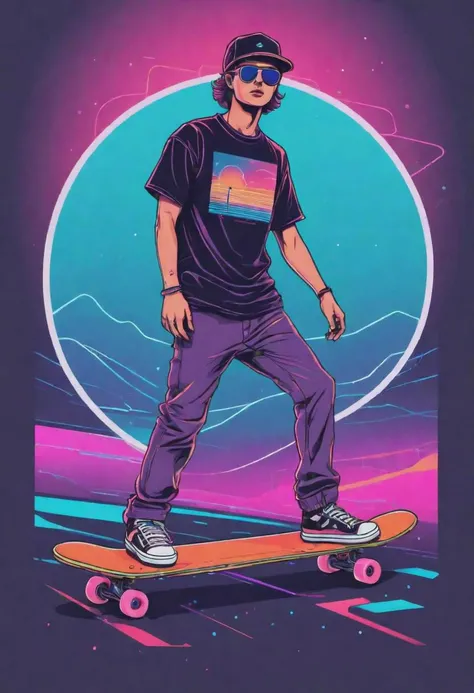 Retro Skateboard, futurism, line art, complementary colors, dreamlike, synthwave t-shirt vector, center composition graphic design, plain background2 mockup-2 --upbeta --ar 11