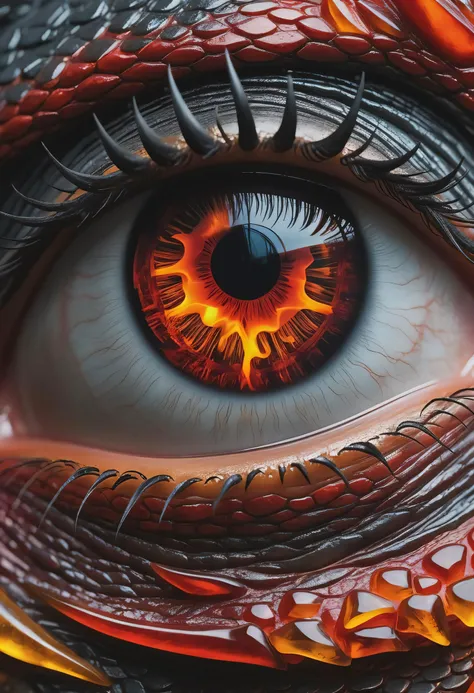 dynamic shot of a beautiful red charcoal and (amber:1.2), scaled,  eye of a dragon|fire hybrid, (beautiful eyes, up close:1.3), macro, mythological creature, dream world, festive Christmas,