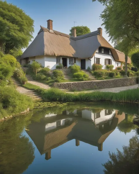 A tranquil village pond, reflections of detailed thatched-roof cottages mirrored in the crystal-clear water, capturing the serene beauty of rural life (reflective waters:0.9, thatched-roof details:0.8, serene landscapes:0.7).