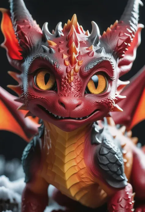 dynamic shot of a beautiful red charcoal and (amber:1.2) baby-dragon|cat|icebreathing hybrid, (beautiful eyes, up close:1.3), macro, mythological creature, dream world, festive Christmas,