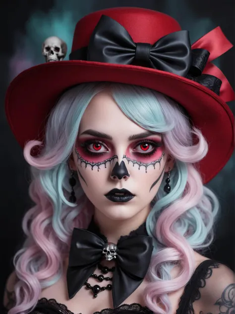 pastel goth aesthetic the image showcases a digital art piece featuring a beautiful 24 year old adult woman with striking red eyes and a captivating gaze. she is adorned with a vibrant red hat, complete with an elegant bow, adding a touch of glamour to her appearance. her hair, styled in loose curls, complements her overall look. the background is blurred, drawing focus to the woman as the main subject of the artwork. this imaginative creation could potentially inspire various products such as cosmetics, fashion accessories, or even themed merchandise related to this unique character. . soft pastels mixed with dark themes, skulls and rainbows