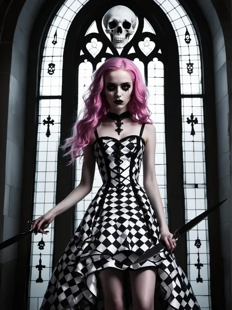 tower defense game style in the depths of a gothic inspired world, under the pale moonlight that filters through a stained glass window adorned with skulls and bones, a woman stands. her pink hair cascades down her shoulders like a fiery halo, contrasting sharply with the black and white checkerboard pattern that adorns her dress. her eyes, as dark as night, seem to hold a sinister glint, hinting at an aura of malice that surrounds her. the dress she wears is made of a luxurious fabric that shimmers under the eerie light, its black and white checkered pattern creating a stark contrast against her vibrant hair. in her hands, she holds a pair of sharp scissors, their metallic edges catching the light. these are not ordinary scissors, but rather, they exude an ominous presence that seems to match the evil intent behind her actions. it's clear that this woman is no ordinary creature of the night; she is an embodiment of the darkest aspects of the nu goth aesthetic. . strategic placement, wave defense, resource management