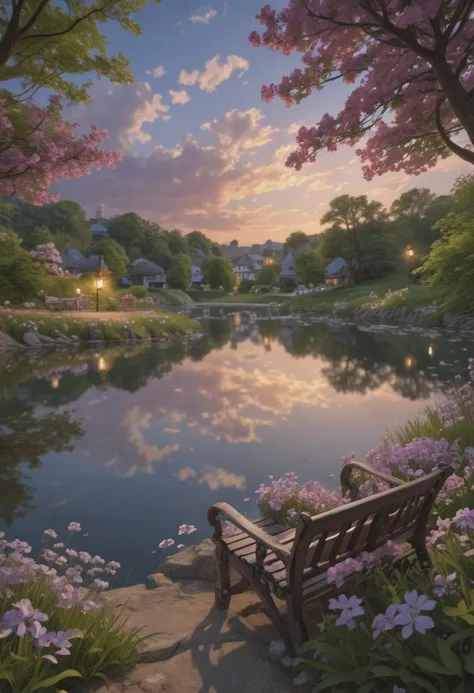 detailed background,( Calm spring night landscape), amongst lush greenery, beautiful view, creeping phlox in full bloom, creeping phlox, early morning, sunrise sky, beautiful clouds, dappled sunlight, outdoor seating, one lamp, Tranquil Lake, clear water lake, depth of field, masterpiece, best quality, ultra-detailed, very aesthetic, illustration, perfect composition, intricate details, absurdres, moody lighting, wisps of light, no humans,