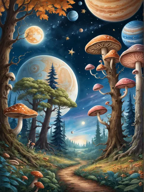 classic literature book cover art, timeless, elegant, detailed, rich colors the image is a vibrant and imaginative landscape featuring a forest filled with trees of different colors, including orange, pink, blue, and yellow. the illustration appears to be hand drawn or painted, showcasing an art style that is inspired by fantasy and nature. there are also some elements like mushrooms and plants scattered throughout the scene. the sky displays a nighttime setting with stars and a moon visible in the background. this artistic representation combines various elements to create a whimsical and colorful scene that evokes a sense of wonder and magic.,the image is a vibrant digital illustration that captures the essence of a fantastical forest. the scene is dominated by towering trees, their leaves painted in an array of bright colors including yellow, orange, and pink. these trees stand tall against a backdrop of a deep blue sky, which is adorned with numerous stars and planets, giving the impression of a night sky. a path meanders through the heart of the forest, inviting viewers to explore its depths. along this path, mushrooms of various shapes and sizes can be spotted, adding to the whimsical atmosphere of the scene. the background reveals more of the universe's grandeur, featuring planets and stars scattered across the canvas. despite the fantastical elements present in the image, it maintains a harmonious balance between nature and cosmos, creating a visually captivating landscape that seems to transcend reality.