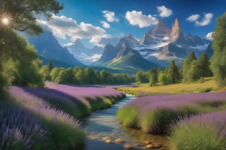 RAW, ((masterpiece, ((photogenic)))), hyper-realistic, insane detail,
a landscape straight out of the most fantastical realms imaginable, where every detail is meticulously crafted to perfection. It's a scene where towering mountains reach towards the heavens, their peaks dusted with snow that sparkles like diamonds under the golden sun. Lush, emerald forests stretch as far as the eye can see, teeming with mystical creatures and ancient secrets waiting to be discovered. Crystal-clear rivers wind their way through verdant valleys, their gentle babbling a soothing melody to those who wander these enchanted lands. And high above, a sky painted with hues of lavender and indigo is adorned with wisps of clouds that seem to dance in the breeze. This is a landscape of dreams, where imagination knows no bounds and magic is woven into every blade of grass and every whisper of the wind. . High dynamic range, vivid, rich details, clear shadows and highlights, realistic, intense, enhanced contrast, highly detailed