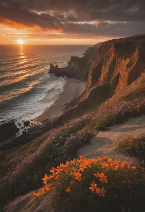 (Natural lighting, cinematic:1.5) A coastal cliffside bathed in the soft light of a setting sun, where rugged rocks are silhouetted against a fiery sky, and a solitary wildflower blooms defiantly on the windswept edge, symbolizing resilience in the face of adversity.