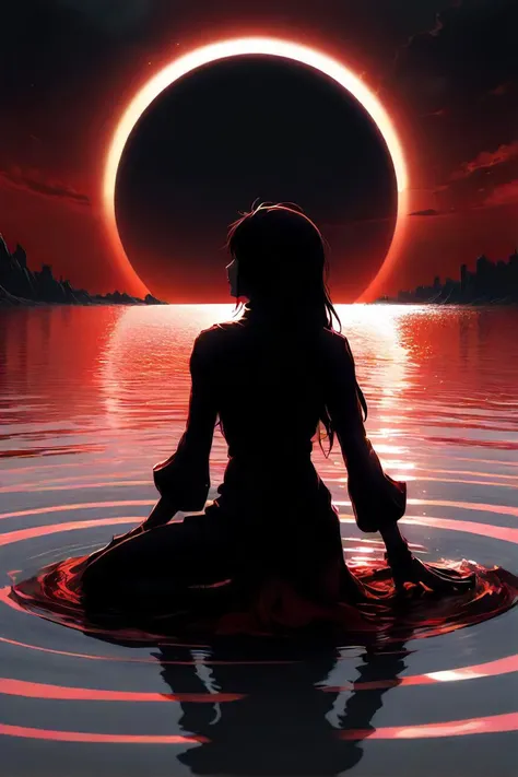 a woman kneeling in the water with a eclipse in the sky, crimson black color scheme, official fan art, epic music album cover, unlimited blade works, black hole sun, rating: general, shadow filled room with gloomy, harsh sunlight, vriska serket
