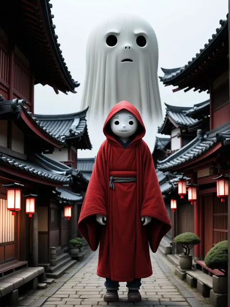 emo style this image seems to be inspired by the "spirited away" , a famous animated film from studio ghibli. the central figure in this illustration appears to be a ghostly being with a round white head and black eyes, draped in a red cloak that resembles a robe or hooded cape. this creature is walking through a town filled with traditional japanese architecture, characterized by wooden buildings and lanterns hanging from their eaves. the sky overhead is dark and brooding, suggesting an ominous atmosphere. red particles are swirling around the creature's head, possibly indicating its supernatural nature. the overall mood of the scene is mysterious and haunting, evoking the sense of unease and danger commonly found in studio ghibli's works. this artwork might make for a compelling merchandise item, such as a plush toy or statue, capturing the essence of the character and setting from the moviecould be displayed in gift shops at movie theaor on the shelves of collectors who appreciate studio ghibli's unique storytelling style. . emotional expression, skinny jeans, scene haircuts, introspective music