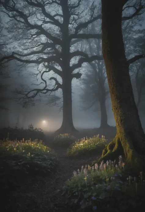 (Dark shadows, cinematic:1.3) A moody woodland scene at twilight, with deep shadows cast by ancient trees and creeping mist adding an eerie atmosphere, while a single wildflower emerges from the darkness, a beacon of hope in the gloom.