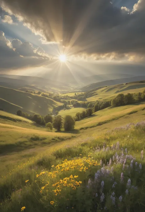 (Sunbeams, photorealistic:1.4) A breathtaking vista of a sun-drenched valley, where golden rays filter through towering clouds, casting a warm glow on rolling hills and meadows dotted with colorful wildflowers, evoking a sense of tranquility and renewal.