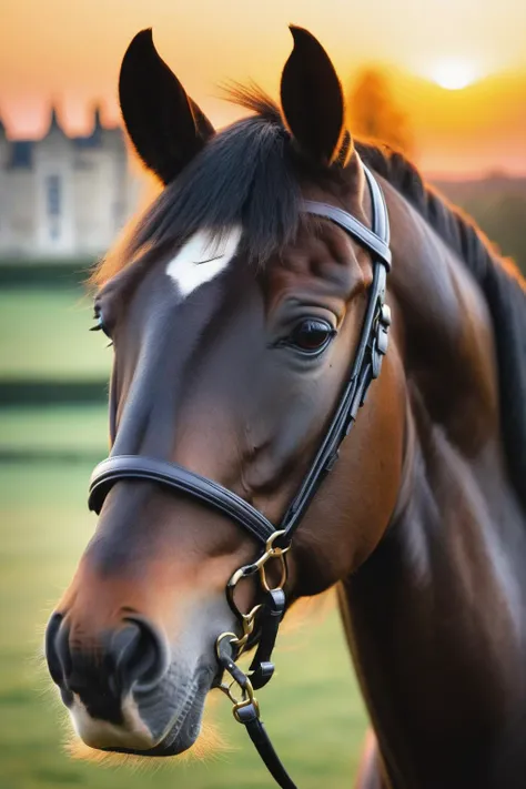 ((((masterpiece)), photographic)), professional detailed portrait, ultra-high detail, sharp, insanely detailed, close up oil portrait of a British stallion, English castle background sunset bokeh,