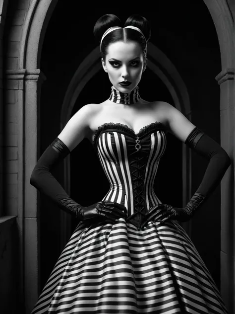 op art style the room was dimly lit, casting eerie shadows across the walls. a gothic archway loomed in the background, adding an air of ancient mystery to the scene. in the center of this enigmatic setting stood a figure that exuded an aura of intrigue and allure. this figure, clad in a black and white striped dress, evoked images of a time gone by. the corseted waist cinched tightly around her torso, accentuating her hourglass figure. the black gloves she wore extended up to her elbows, their dark fabric contrasting sharply with the stark whiteness of her attire. her face was painted with striking precision; the makeup emphasized her sharp features and intense gaze. her lips were painted black, hinting at secrets kept hidden within. her hair, styled into an intricate bun adorned with white ribbons, added to the overall mystique of her appearance. she looked towards the camera, her eyes sparkling with unspoken stories. despite the darkness surrounding her, she remained the focal point of the image, drawing the viewer's attention with her captivating presence. the scene was both unsettling and alluring, leaving one curious about the character's true nature and purpose. . optical illusions, black and white, geometric patterns, highly detailed