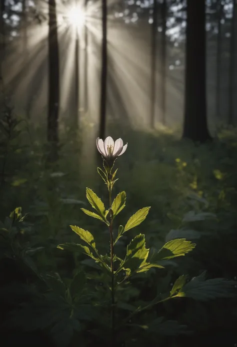 (Single wildflower expressing hope, dark shadows:1.6) In the depths of a misty forest, a solitary wildflower emerges from the shadows, its delicate petals illuminated by a shaft of sunlight breaking through the dense canopy, a beacon of hope in the darkness.