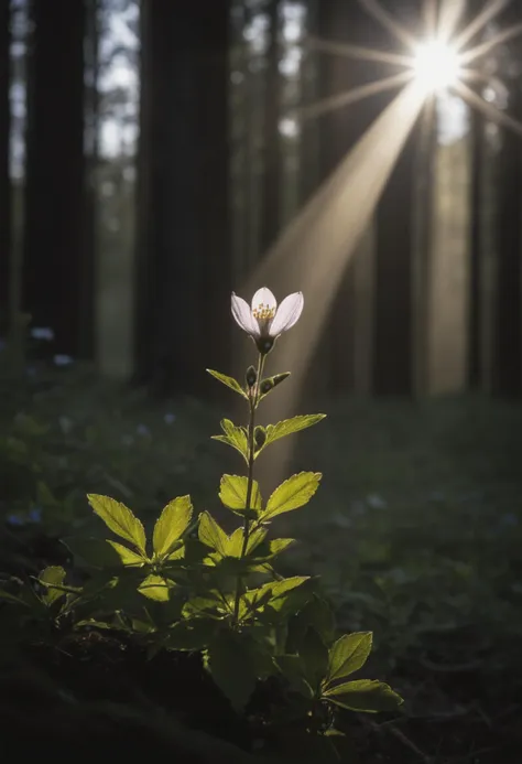 (Single wildflower expressing hope, dark shadows:1.6) In the depths of a misty forest, a solitary wildflower emerges from the shadows, its delicate petals illuminated by a shaft of sunlight breaking through the dense canopy, a beacon of hope in the darkness.