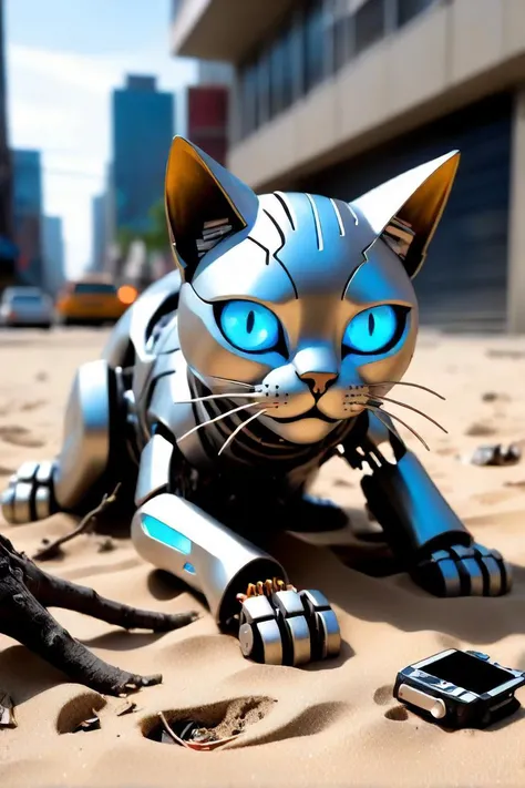 in the heart of a neon lit cityscape, an android feline with blue glowing eyes and metallic fur lays sprawled out on a patch of sandy ground. the cat's mechanical limbs are splayed in all directions, as if it has just emerged from a fierce battle. the creature's open mouth reveals sharp, metallic teeth, hinting at its combat prowess. the area around the cat is littered with discarded technology components remnants of the machines that inhabit this urban jungle. amidst the chaos, a small tree stump rises from the ground, its bark covered in rusted circuitry. a few leaves, resembling old data chips, cling to its branches. scattered throughout the scene are various gadgets: a disassembled holographic projector lies half buried in the sand, while a damaged drone rests nearby, its propellers bent and twisted. the overall atmosphere is one of disarray and conflict, where nature meets technology in a futuristic urban environment.