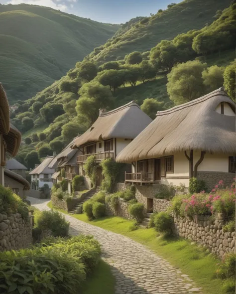 A serene village nestled amidst rolling hills, each thatched roof and cobblestone path capturing the intricate details of rustic architecture and serene natural surroundings (rustic architecture:0.9, tranquil landscapes:0.8, detailed terrain:0.7).