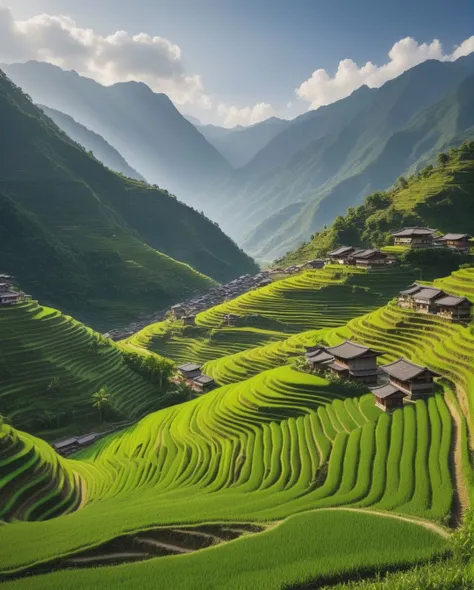 A detailed panorama of a village nestled in a valley, each terraced field and winding path capturing the laborious yet picturesque rural life against a backdrop of towering mountains (mountainous backdrop:0.9, terraced fields:0.8, detailed valley:0.7).