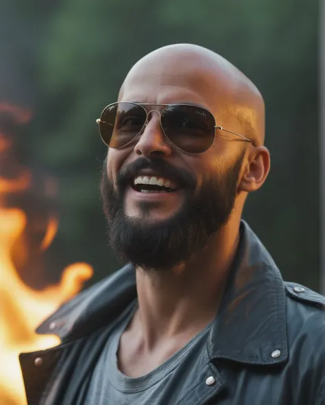 1boy, aviator sunglasses, bald, beard, black hair, blurry, blurry background, chest hair, eyewear on head, facial hair, jacket, male focus, mustache, old, realistic, round eyewear, shirt, smile, solo, sunglasses, upper body fire breathing skeleton head, (fire in eyes), (luminescence:0.5), ray tracing light, (dark night), misty rain, smoke documentary movie shot, ((long distance shot)) sharp focus